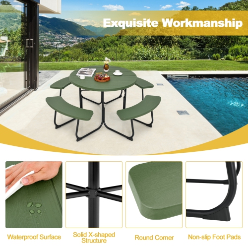 Costway Outdoor 8-person Round Picnic Table Bench Set with 4 Benches & Umbrella Hole