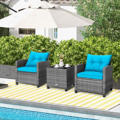Costway 3PCS Patio Rattan Furniture Bistro Set Cushioned Sofas Side Table Armrest