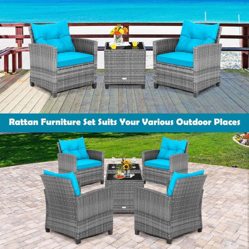 Costway 3PCS Patio Rattan Furniture Bistro Set Cushioned Sofas Side Table Armrest