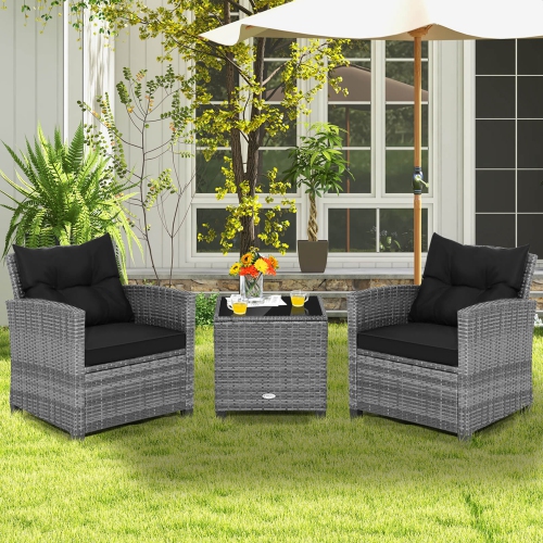 Costway 3PCS Patio Rattan Furniture Bistro Set Cushioned Sofas Side Table Armrest