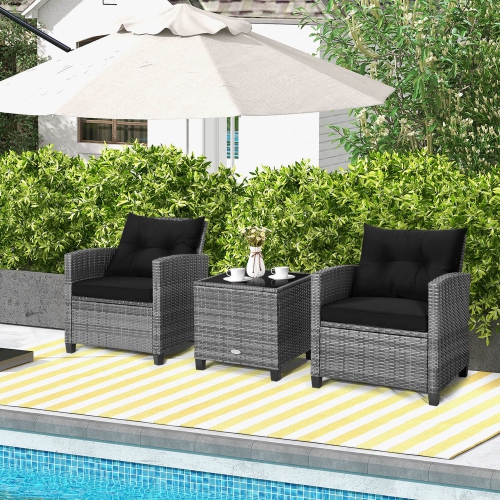 Costway 3PCS Patio Rattan Furniture Bistro Set Cushioned Sofas Side Table Armrest