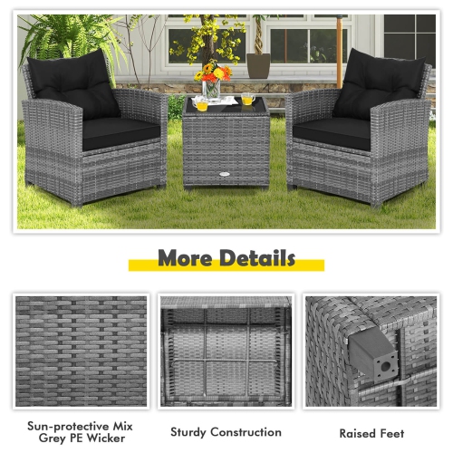 Costway 3PCS Patio Rattan Furniture Bistro Set Cushioned Sofas Side Table Armrest