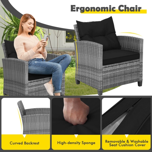 Costway 3PCS Patio Rattan Furniture Bistro Set Cushioned Sofas Side Table Armrest