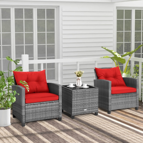 Ensemble bistro de patio en rotin 3PCS de Costway avec accoudoirs rembourrés de table d'appoint Sofas