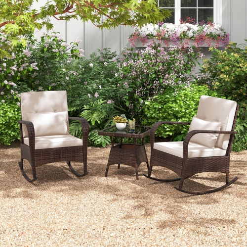 Costway 3 PCS Rocking Bistro Set with Removable Cushions & Tempered Glass Top Coffee Table