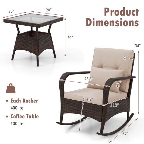 Costway 3 PCS Rocking Bistro Set with Removable Cushions & Tempered Glass Top Coffee Table