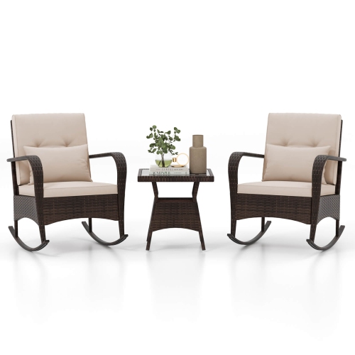 Costway 3 PCS Rocking Bistro Set with Removable Cushions & Tempered Glass Top Coffee Table