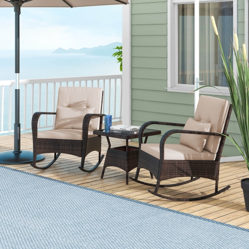 Costway 3 PCS Rocking Bistro Set with Removable Cushions & Tempered Glass Top Coffee Table