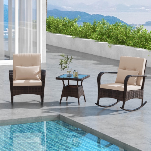 Costway 3 PCS Rocking Bistro Set with Removable Cushions & Tempered Glass Top Coffee Table