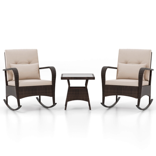 Costway 3 PCS Rocking Bistro Set with Removable Cushions & Tempered Glass Top Coffee Table