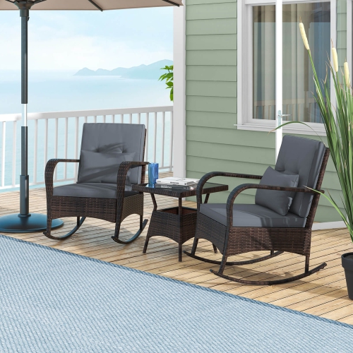 Costway 3 PCS Rocking Bistro Set with Removable Cushions & Tempered Glass Top Coffee Table