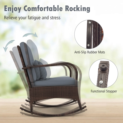 Costway 3 PCS Rocking Bistro Set with Removable Cushions & Tempered Glass Top Coffee Table