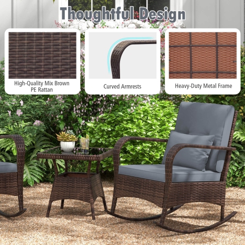 Costway 3 PCS Rocking Bistro Set with Removable Cushions & Tempered Glass Top Coffee Table