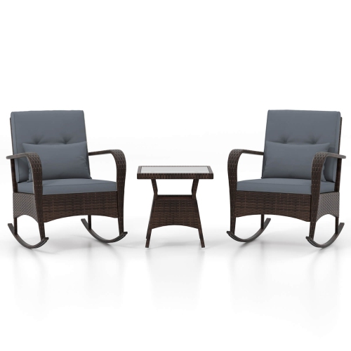Costway 3 PCS Rocking Bistro Set with Removable Cushions & Tempered Glass Top Coffee Table