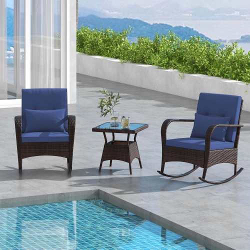 Costway 3 PCS Rocking Bistro Set with Removable Cushions & Tempered Glass Top Coffee Table
