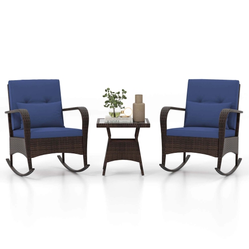 Costway 3 PCS Rocking Bistro Set with Removable Cushions & Tempered Glass Top Coffee Table
