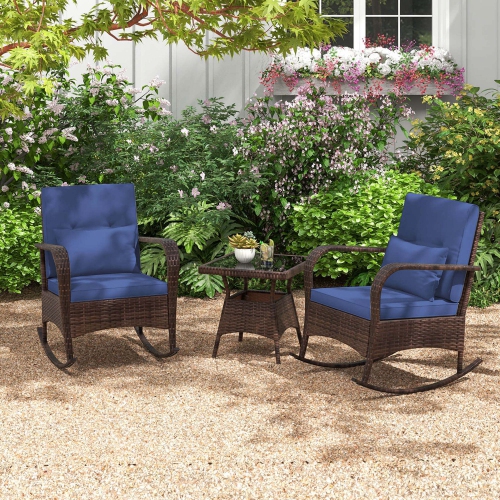 Costway 3 PCS Rocking Bistro Set with Removable Cushions & Tempered Glass Top Coffee Table