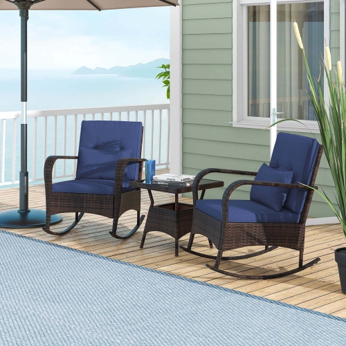 Costway 3 PCS Rocking Bistro Set with Removable Cushions & Tempered Glass Top Coffee Table