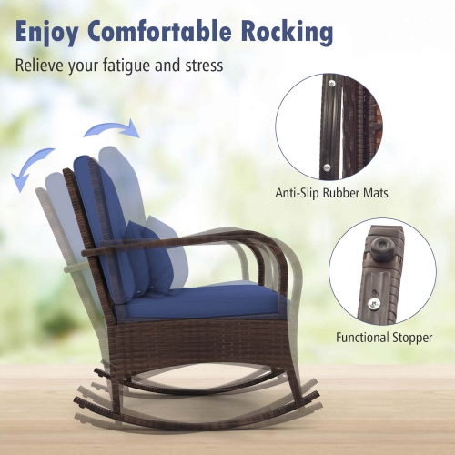 Costway 3 PCS Rocking Bistro Set with Removable Cushions & Tempered Glass Top Coffee Table