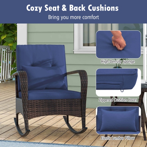 Costway 3 PCS Rocking Bistro Set with Removable Cushions & Tempered Glass Top Coffee Table