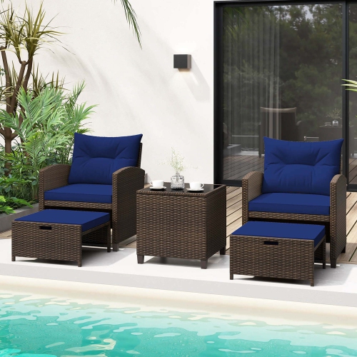 Costway 5 Piece Patio Rattan Furniture with 2 Ottomans & Tempered Glass Coffee Table