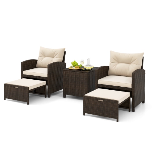 Costway 5 Piece Patio Rattan Furniture with 2 Ottomans & Tempered Glass Coffee Table