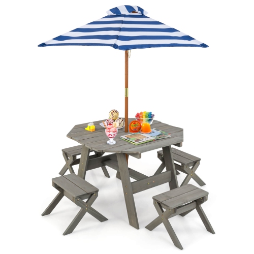 COSTWAY  Kids Wooden Table Set With Octagon Table 4 Stools & Removable Adjustable Umbrella