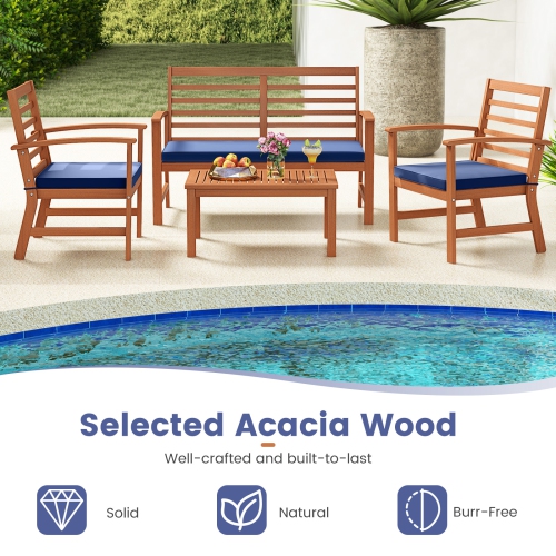 Costway 4 PCS Outdoor Furniture Set with Soft Seat Cushions Stable Acacia Wood Frame