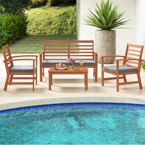 Costway 4 PCS Outdoor Furniture Set with Soft Seat Cushions Stable Acacia Wood Frame