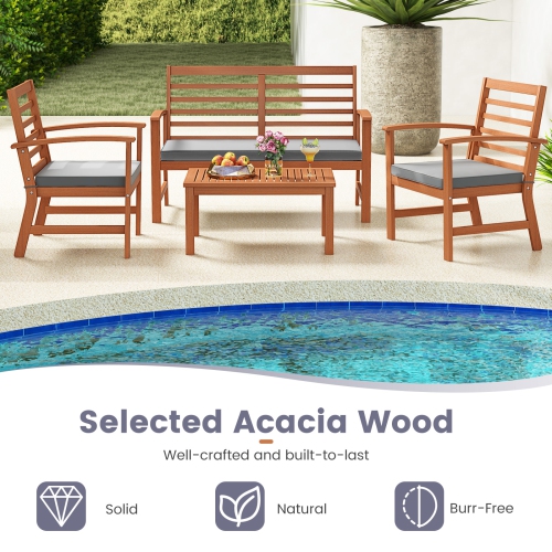 Costway 4 PCS Outdoor Furniture Set with Soft Seat Cushions Stable Acacia Wood Frame