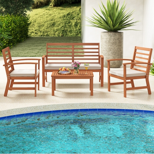 Costway 4 PCS Outdoor Furniture Set with Soft Seat Cushions Stable Acacia Wood Frame