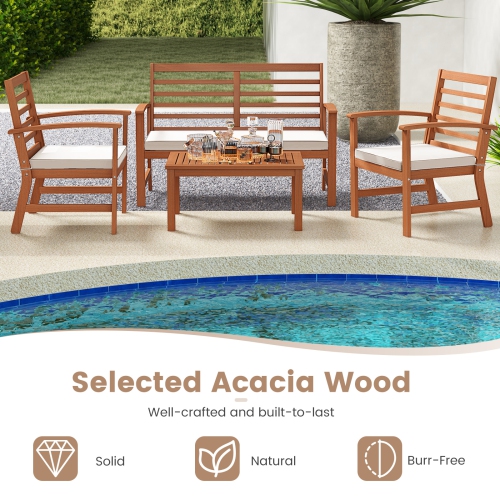 Costway 4 PCS Outdoor Furniture Set with Soft Seat Cushions Stable Acacia Wood Frame