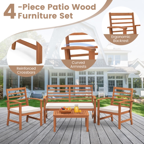 Costway 4 PCS Outdoor Furniture Set with Soft Seat Cushions Stable Acacia Wood Frame