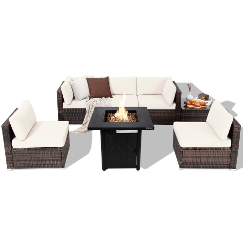 Costway 7 PCS Patio Furniture Set with 28" 50000 BTU Propane Gas Fire Pit Table Cushions