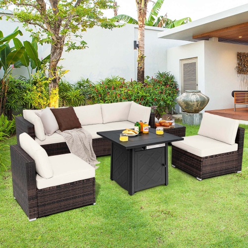 Costway 7 PCS Patio Furniture Set with 28" 50000 BTU Propane Gas Fire Pit Table Cushions