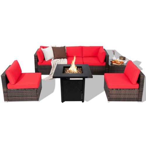 Costway 7 PCS Patio Furniture Set with 28" 50000 BTU Propane Gas Fire Pit Table Cushions