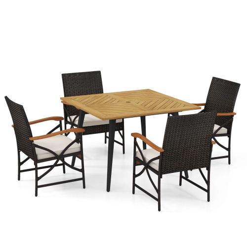 COSTWAY  5 PCs Patio Pe Wicker Dining Set Table And Chairs With Cushions 1.9" Umbrella Hole