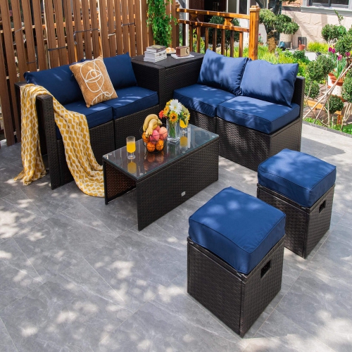 COSTWAY  8 PCs Outdoor Wicker Furniture Set With Storage Box Tempered Glass Table 2 Ottomans