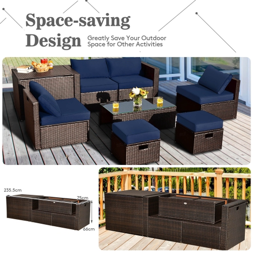 Costway 8 PCS Outdoor Wicker Furniture Set with Storage Box Tempered Glass Table 2 Ottomans
