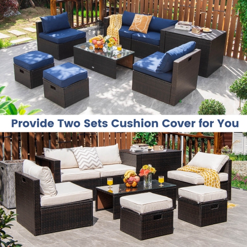 Costway 8 PCS Outdoor Wicker Furniture Set with Storage Box Tempered Glass Table 2 Ottomans