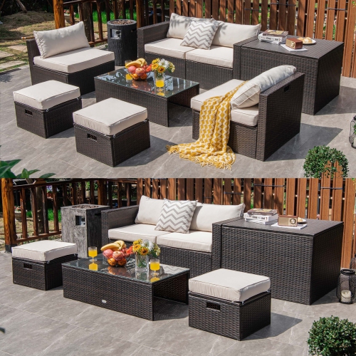 Costway 8 PCS Outdoor Wicker Furniture Set with Storage Box Tempered Glass Table 2 Ottomans