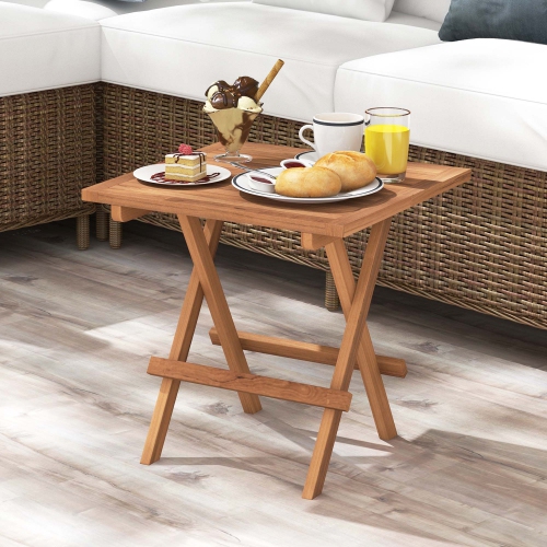Costway 1 PC Patio Folding Side Table Indonesia Teak Wood Square Slatted Tabletop Portable Picnic