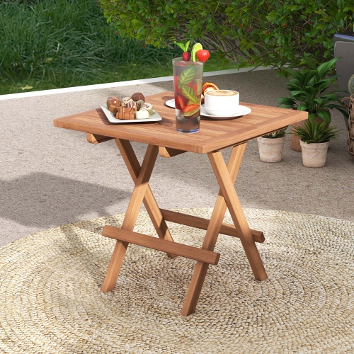 Costway 1 PC Patio Folding Side Table Indonesia Teak Wood Square Slatted Tabletop Portable Picnic