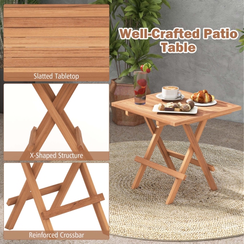 Costway 1 PC Patio Folding Side Table Indonesia Teak Wood Square Slatted Tabletop Portable Picnic