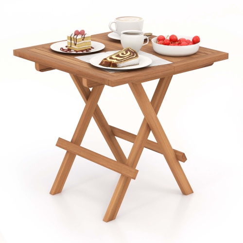 Costway 1 PC Patio Folding Side Table Indonesia Teak Wood Square Slatted Tabletop Portable Picnic