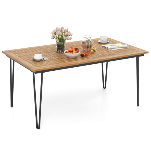 Costway 63-Inch Outdoor Dining Table for 6 People with Acacia Wood Tabletop & Metal Legs