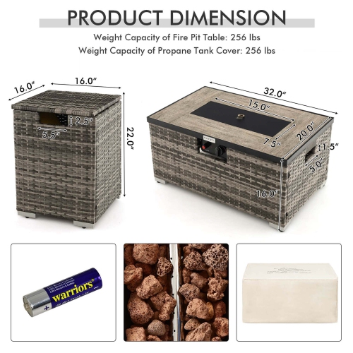 Costway 32"x 20" Propane Rattan Fire Pit Table Set with Side Table Tank & Cover 40,000 BTU