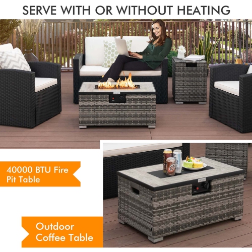 Costway 32"x 20" Propane Rattan Fire Pit Table Set with Side Table Tank & Cover 40,000 BTU