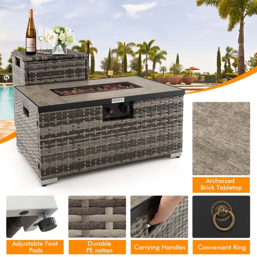 Costway 32"x 20" Propane Rattan Fire Pit Table Set with Side Table Tank & Cover 40,000 BTU