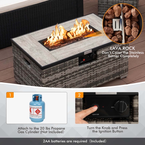 Costway 32"x 20" Propane Rattan Fire Pit Table Set with Side Table Tank & Cover 40,000 BTU